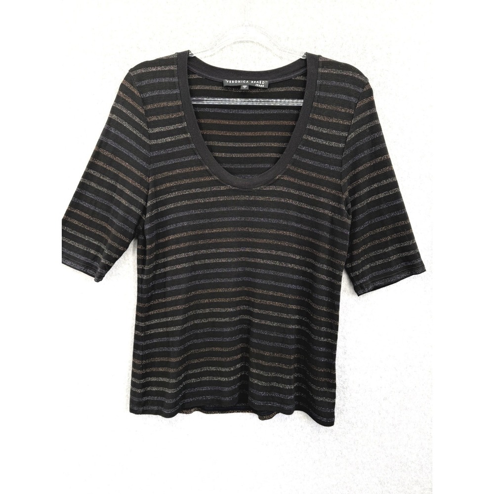Veronica‎ Beard Poppy Metallic Stripe Tee Women Medium Black U-Neck short Sleeve